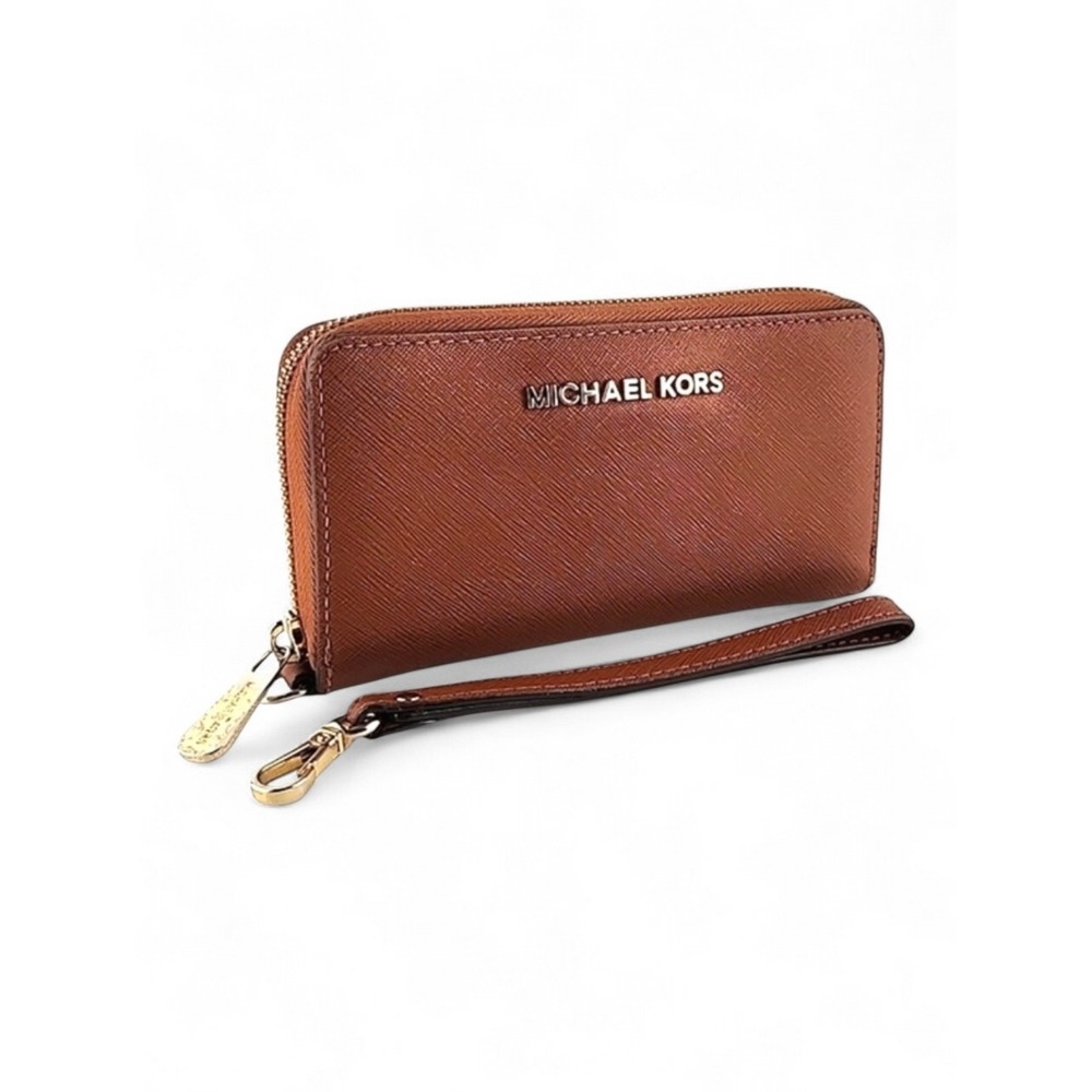Michael Kors Jet Set Zip Around Wallet Wristlet Tan Leather Gold Tone
